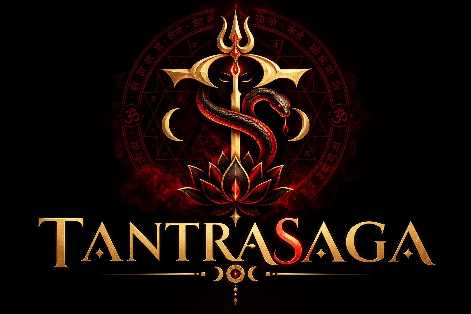 TantraSaga gold emblem with sacred geometry, trident, serpent, lotus, and wordmark